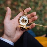 Kapesní dřevěné hodinky Skelett Gold